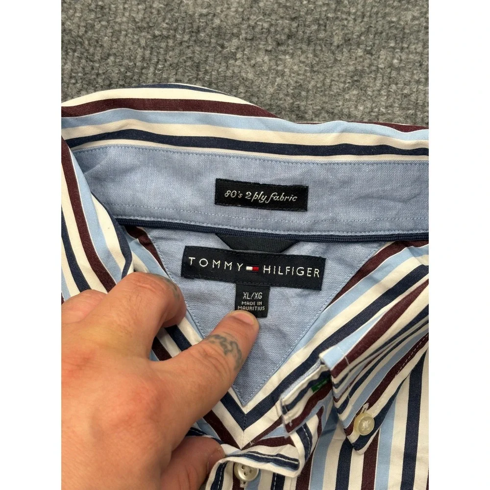 Tommy Hilfiger Men‎ XL Striped Button Down Shirt Blue Burgundy 80s 2-Ply Cotton